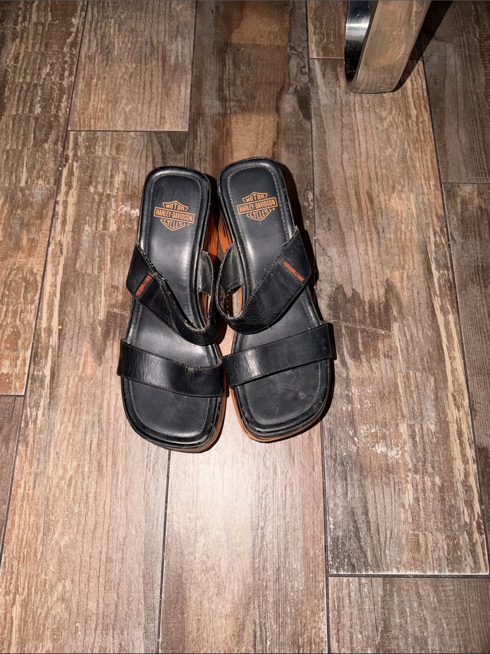 Harley-Davidson Black Leather Womens Slide Sandals with Orange Accent